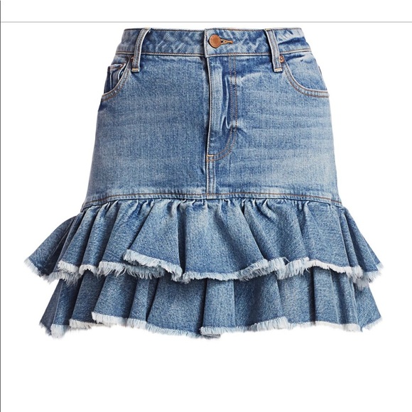 $265 Alice + Olivia Ruffle Hem Denim Mini Skirt High Waisted Tiered Jean Size 0 - Picture 5 of 10